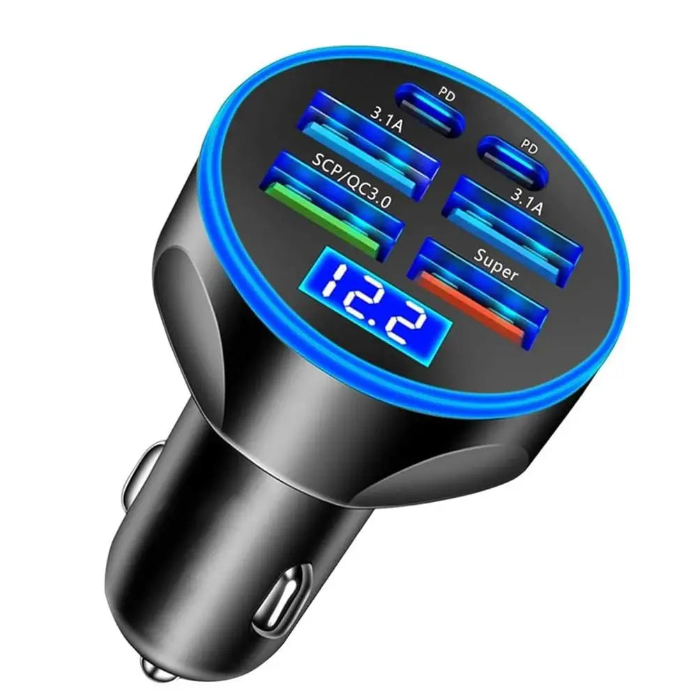 300W PD Car Charger 6 Ports Fast Charging QC3.0 USB C Car Phone Charger Type C Adapter Dual PD Super Fast with Digital Display