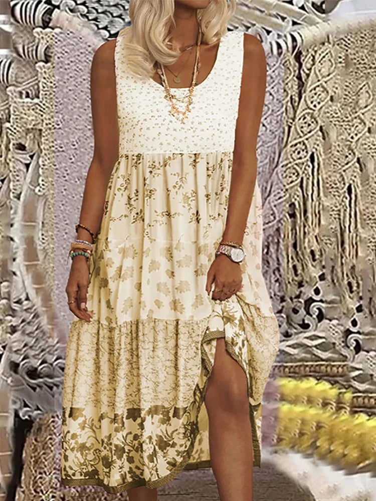 Plus size casual feminino midi vestido 2025 verão novo floral impresso sem mangas pescoço plano a linha boêmio vestidos de praia