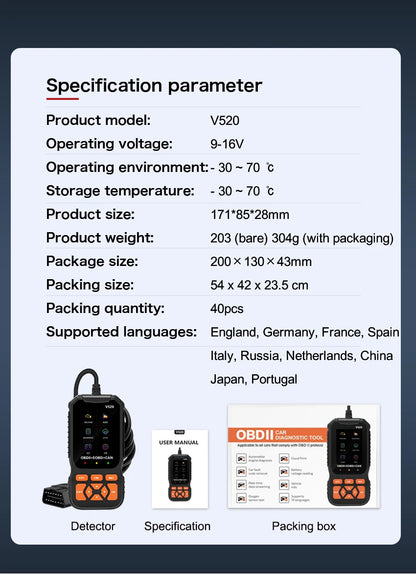 V520 v309  New OBD2 Scanner Professional Auto Engine System Lifetime Free Automotive DTC Lookup Code Reader Car Diagnostic Tool
