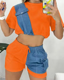 Two Piece Sets Womens Outifits 2023 Summer Fashion Denim Patch Round Neck Short Sleeve Top & Casual Drawstring Pocket Shorts Set
