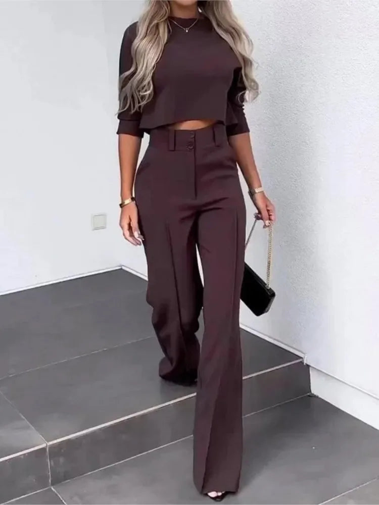 Elegante conjunto de dos piezas de color liso para mujer, traje de oficina, top corto informal y pantalones de cintura alta, otoño 2024