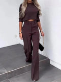Elegante conjunto de dos piezas de color liso para mujer, traje de oficina, top corto informal y pantalones de cintura alta, otoño 2024