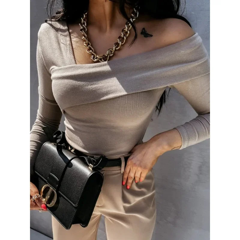 Autumn Commuter Women's T-shirt Sexy Fashion Slant Neck Off Shoulder T-shirt Solid Color Casual Long Sleeved T-shirt