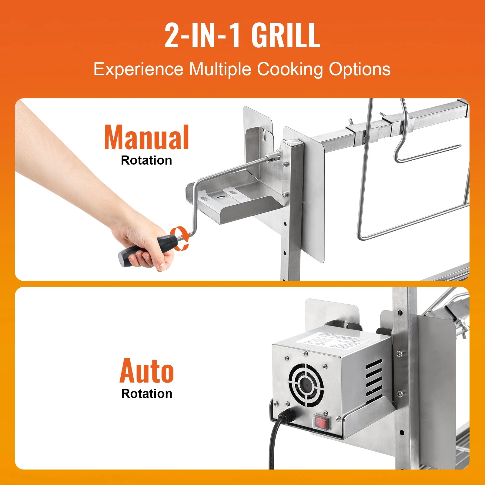 VEVOR-asador eléctrico de 35 pulgadas, asador de carbón con Motor eléctrico, asador de acero inoxidable con ruedas bloqueables para acampar al aire libre