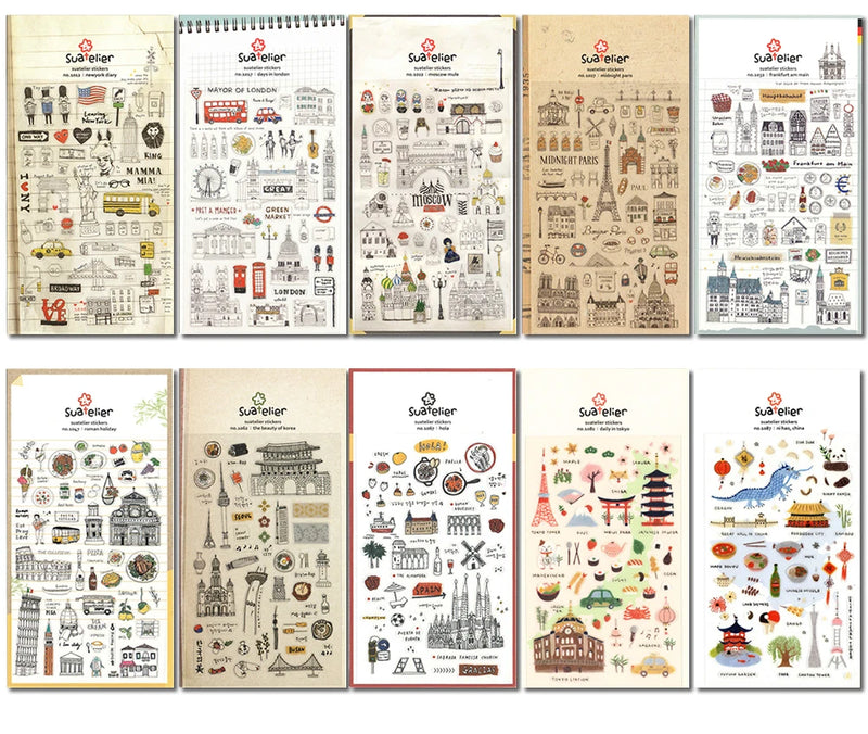 Suatelier City Stickers Korea Scrapbooking DIY Deco Sticker Junk Journal Supplies Planner Diary Photo Album Craft Material