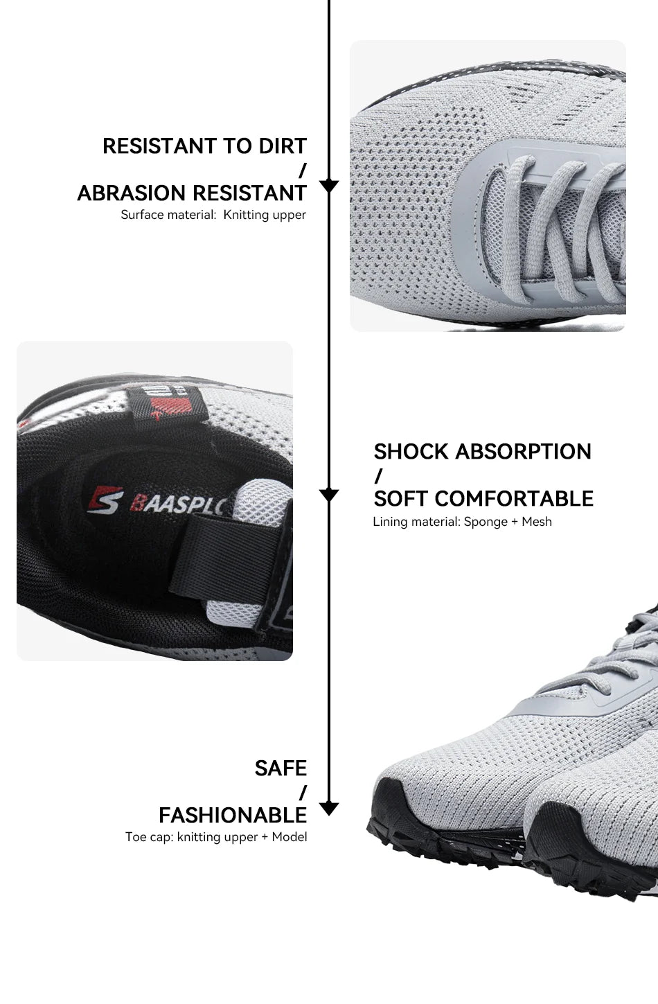 Baasploa Men Running Shoes Mesh Breathable Sport Shoes For Men Fashion Lightweight Casual Sneakers Non-Slip Lace Up Plus Size 50