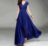 2026 Women's V Neck Short Sleeve Evening Party Dress Temperament Solid Colour Long Cocktail Chiffon High Waist Summer Dresses