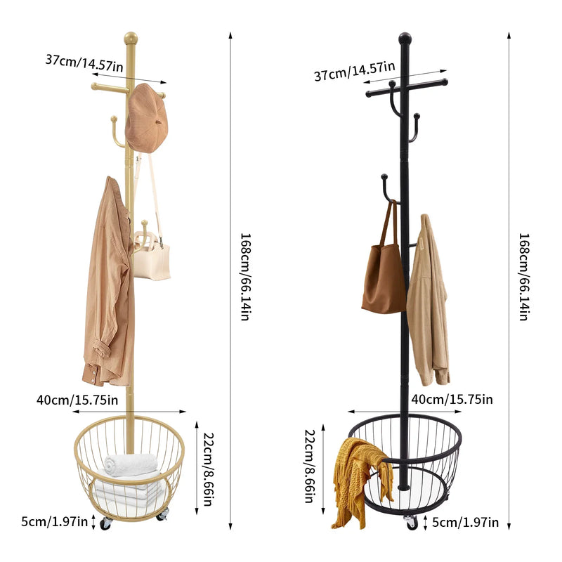 Perchero organizador de pie para abrigos y sombreros con rueda móvil, perchero para entrada con cesta de almacenamiento, herramientas elegantes para el hogar
