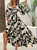 Vestido de otoño de talla grande, elegante, estampado, con cintura oscilante, manga de trompeta, cintura y tobillo, vestido largo que se puede usar en varias ocasiones
