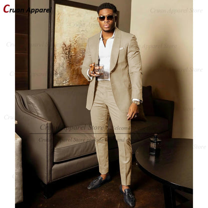 Blue Shawl Lapel Suit Male 2 Pieces Tailored Groom Wedding Suits Tuxedo Best Man Blazer Pants Trendy Fashion Marriage Costume