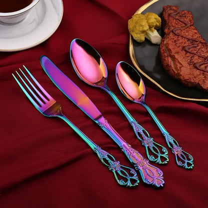 Golden Stainless Steel Cutlery Set Royal European Spoon Fork Complete Tableware Retro Design Dishwasher Safe Elegant Flatware