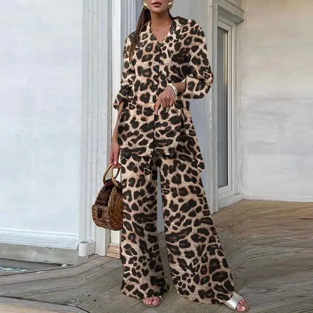 Zanzea vintage 2 pçs conjuntos de calças 2024 verão moda feminina leopardo impresso casual solto topos e calças outfits perna larga conjuntos