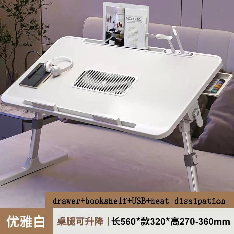 Lift Foldable Laptop Table for Bed Stand Lap Lazy Learning Desk Student Computer Desk for Working Read with Radiator Drawer