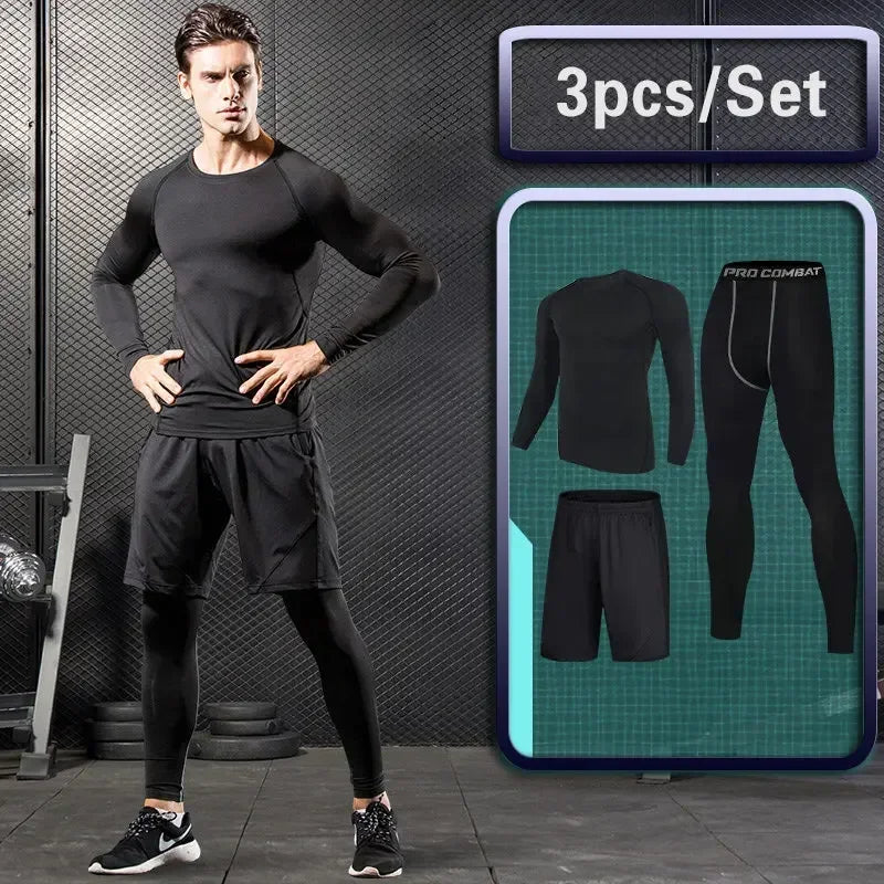 Conjunto de ropa deportiva de compresión Rashguard para hombre, mallas para correr, gimnasio, entrenamiento, camiseta, cortavientos y leggings 