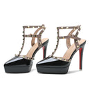 Zapatos de tacón alto con plataforma impermeable y punta puntiaguda para mujer, con remaches de 10 y 12 cm, con correa y hebilla, para verano de 2024.