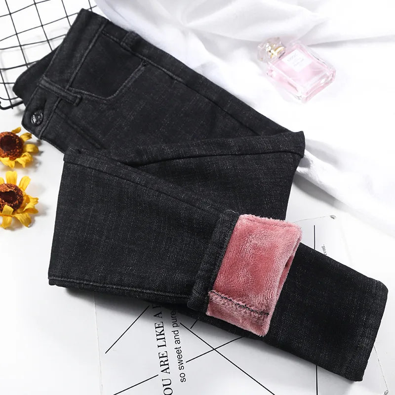 2023 Mujeres Jeans Térmicos Invierno Nieve Cálido Felpa Elástico Jeans Señora Skinny Espesar Polar Denim Pantalones Largos Retro Lápiz Pantalones