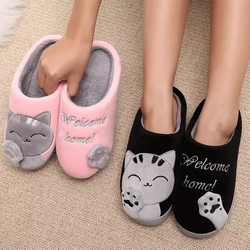 Women's Winter Warm Slippers Cartoon Cat Shoes Furry Plush Slides Round Toe Flats Indoor Home Bedroom Floor Slippers Ladies Shoes