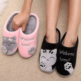 Women's Winter Warm Slippers Cartoon Cat Shoes Furry Plush Slides Round Toe Flats Indoor Home Bedroom Floor Slippers Ladies Shoes
