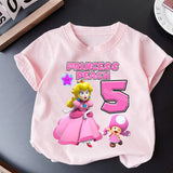 New Super Mario Bros Birthday Number T-Shirt Girl Princess Peach Pink Clothes Child Short Sleeve Tops Cotton Tees Kids Party Gift