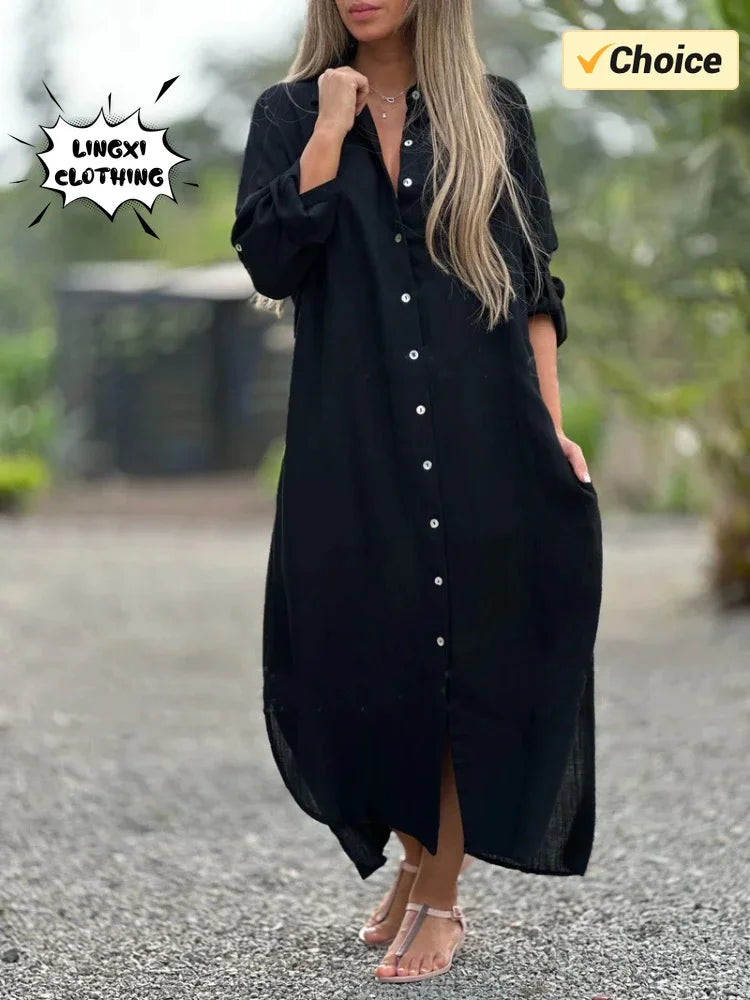 Vestido longo de algodão e cânhamo feminino, camisa elegante, manga longa casual, estilo praia, plus size, verão, novo