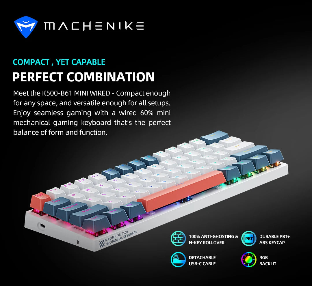 Mini teclado mecánico Machenike K500-B61 con factor de forma del 60%, 61 teclas, teclado para juegos con cable, teclas completas, retroiluminación RGB intercambiable en caliente