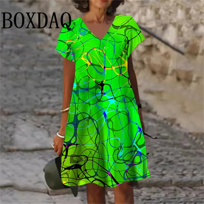 2025 Summer Dresses Women Gradient Painted 3D Print Dress Fashion Plus Size Casual V-Neck Short Sleeve Loose Dress 6XL Clothing