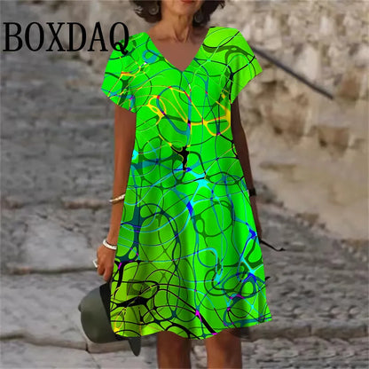2025 Summer Dresses Women Gradient Painted 3D Print Dress Fashion Plus Size Casual V-Neck Short Sleeve Loose Dress 6XL Clothing