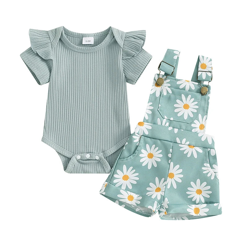 Pudcoco Infant Baby Girls Shorts Set, Short Sleeve Romper with Flower Print Suspender Shorts Summer Outfit 0-18M