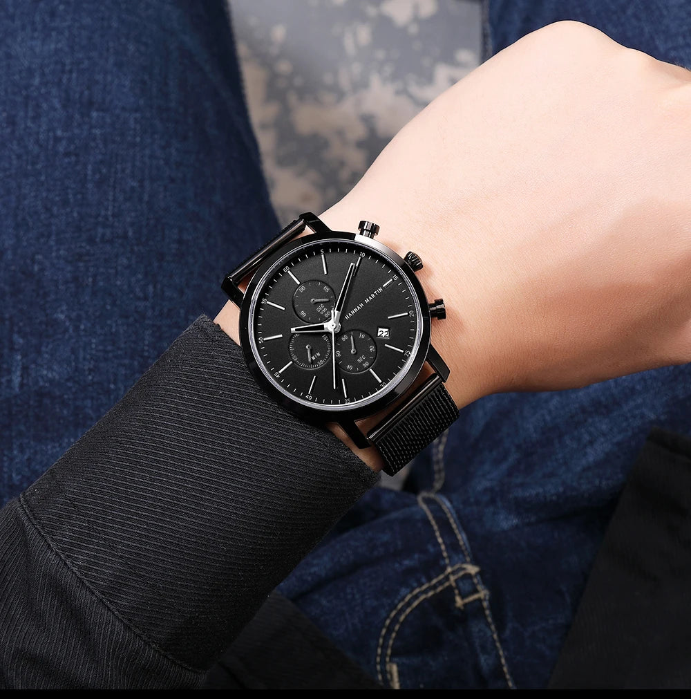 HANNAH MARTIN Brand Men Watch Black Stainless Steel Waterproof Fashion Sports Multifunctional Quartz Wristatch Relogio Masculino