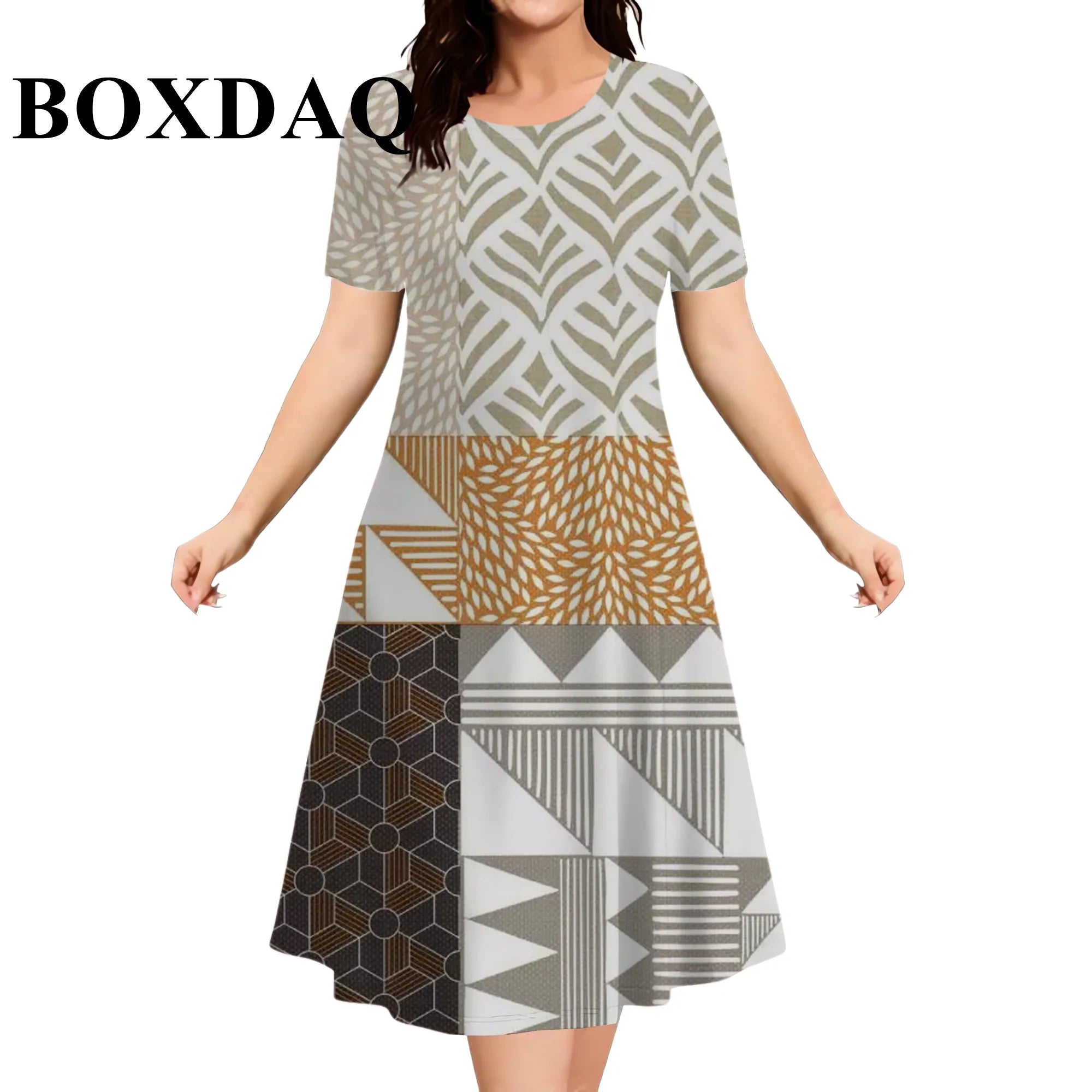 2026 Summer New Design Women's Dresses Casual Ethnic Style Pattern Geometric Splicing 3D Print Dress Short Sleeve Plus Size 9XL