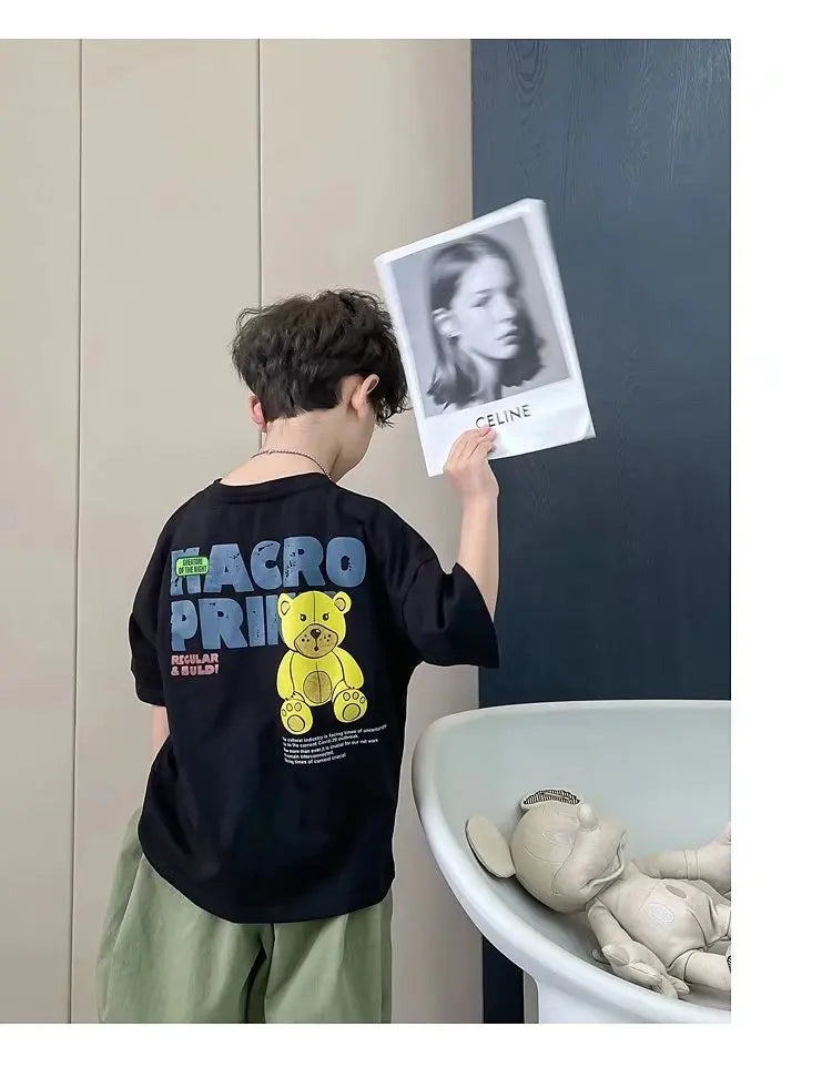 Camiseta de manga corta de verano para niños, Top de cuello redondo para niños pequeños y medianos, moda informal versátil de media manga