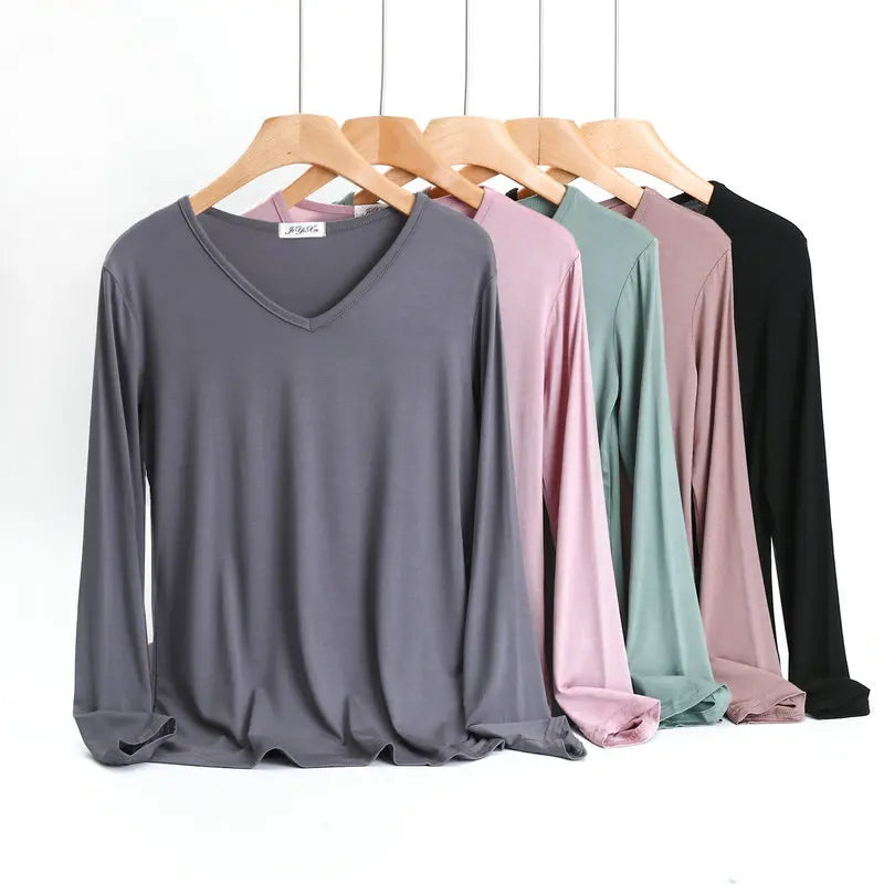 Modal Bottoming Tshirt Long sleeves thin Mask T-shirts Solid color V-Neck Base Tee Tops Plus size loose undershirt all match