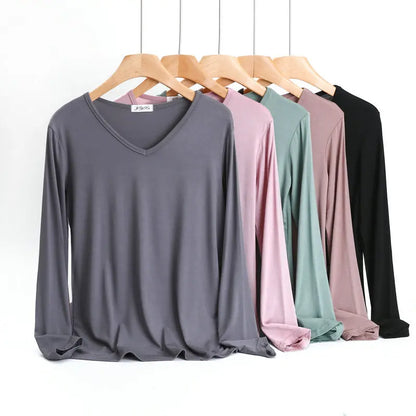 Modal Bottoming Tshirt Long sleeves thin Mask T-shirts Solid color V-Neck Base Tee Tops Plus size loose undershirt all match