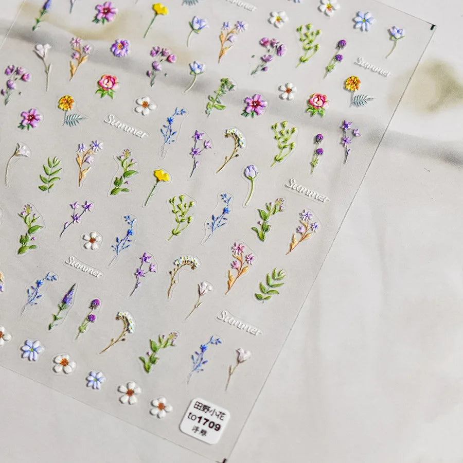 Colorful Sparkling Glass Fragment Spring Wildflowers High Quality Adhesive Flash Nail Stickers Art Decorations Design T-3784