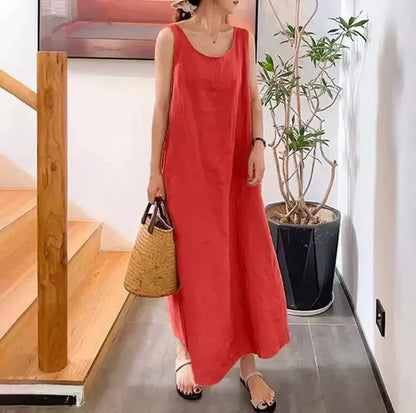 Vestido longo de linho de algodão feminino, saia solta, roupa feminina, moda casual, elegante, verão, tamanhos grandes, 2025