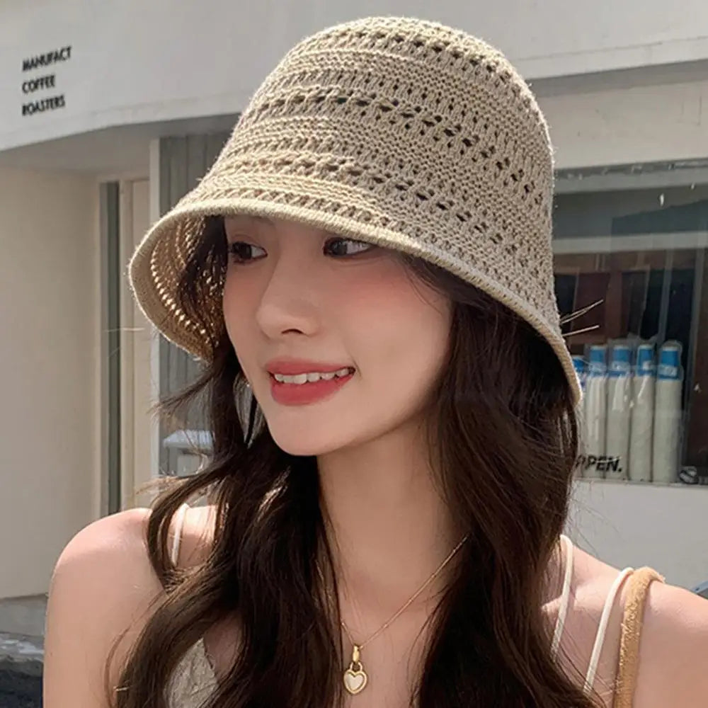 Hollow Out Crochet Sun Hat Wide Brim Bucket Hat Knitted Fisherman Hat Foldable Visor Small Fresh Simple Outdoor Casual Beach Cap