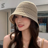 Hollow Out Crochet Sun Hat Wide Brim Bucket Hat Knitted Fisherman Hat Foldable Visor Small Fresh Simple Outdoor Casual Beach Cap