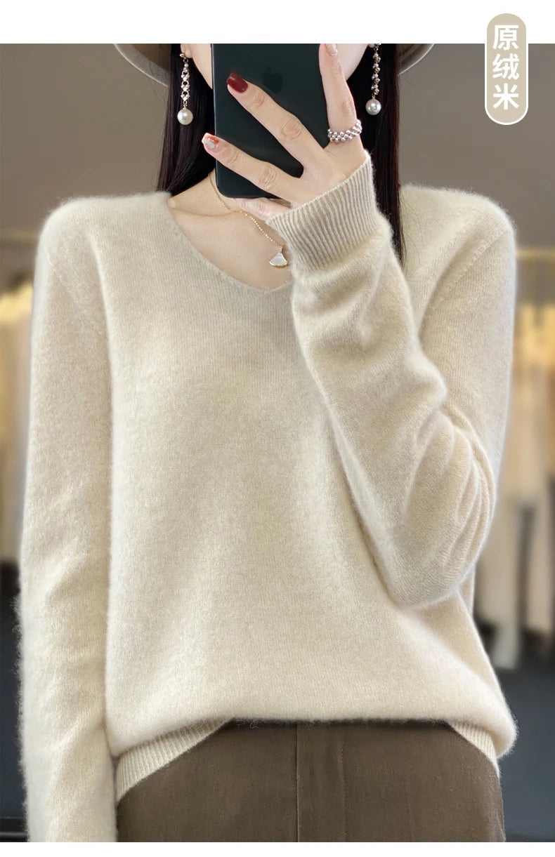 Suéter básico de otoño-invierno 2024 para mujer, 100 % lana merino, cuello en V, tejido de punto liso, jersey de oficina para mujer, manga larga, cachemir.