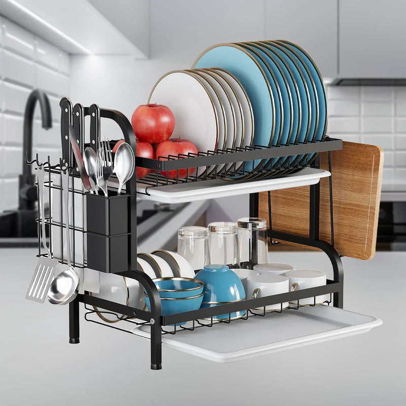 2-Tier Dish Drying Rack Adjustable Kitchen Plates Organizer with Drainboard Over Sink Countertop Cutlery Storage Holder