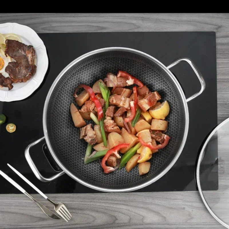 32cm 304 Stainless Steel Frying Pan Food Grade Non-Stick Pan Honeycomb Pot Bottom Induction Cooker Gas Stove General Wok