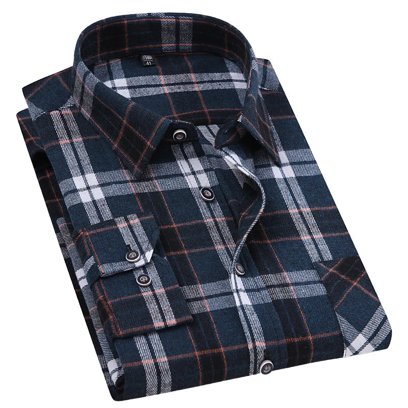 Men Fashion Long Sleeve Brushed Flannel Shirt Single Pocket Comfortable 100% Cotton Casual Slim Fit Button-down Plaid Shirts 8XL