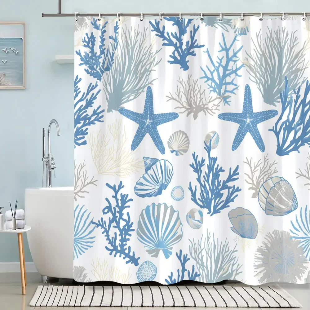 Turtle Shower Curtain Summer Beach Anchor Nautical Starfish Watercolour Art Creative Polyester Shower Curtains Bathroom Decor