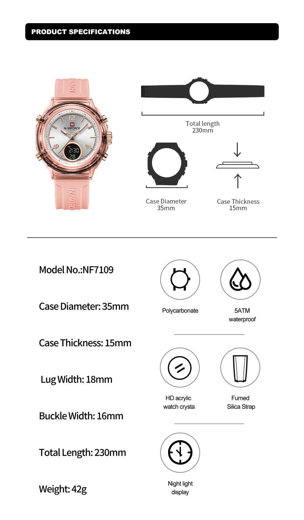 Relojes NAVIFORCE para mujer, nuevo diseño, esfera pequeña, deportivos, para mujer, resistente al agua hasta 5 ATM, reloj de pulsera de cuarzo con pantalla LCD digital, reloj para mujer