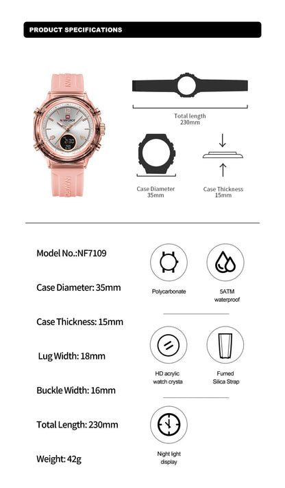 Relojes NAVIFORCE para mujer, nuevo diseño, esfera pequeña, deportivos, para mujer, resistente al agua hasta 5 ATM, reloj de pulsera de cuarzo con pantalla LCD digital, reloj para mujer
