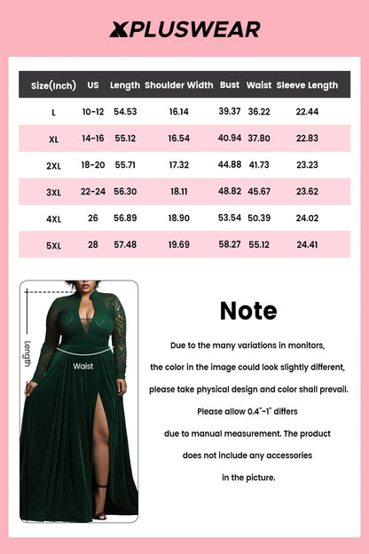 Plus Size Formal Emerald Green V Neck Long Sleeve Split See Through Lace Velvet Maxi Dresses