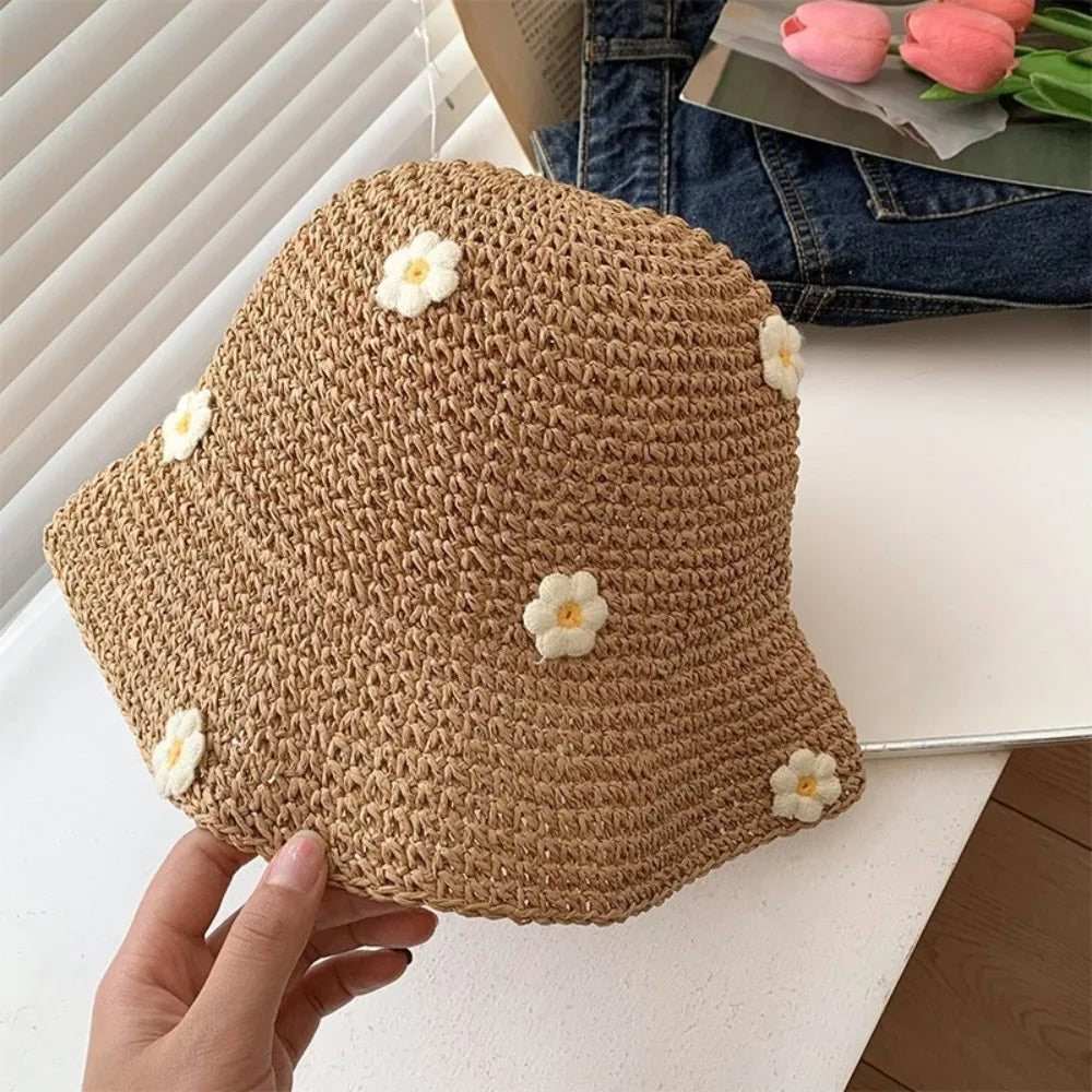Lovely Foldable Straw Hat Sun Protection UV Protection Panama Cap Little Flowers Breathable Fisherman Cap Summer Bucket Hat