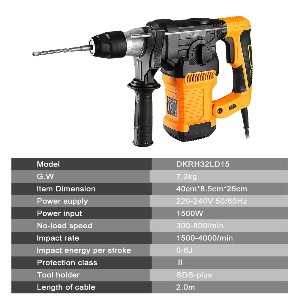 DEKO DKRH32LD15 220V 1500W Multifunctional Impact Rotary Hammer Home DIY Woodworking Electric Blasting Hammer Drill Power Tools