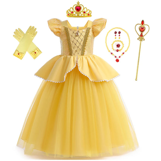 Girls Sequin Princess Dresses Children Disguise Cosplay Belle Costume Beauty and The Beast for Carnival Halloween Birthday Party