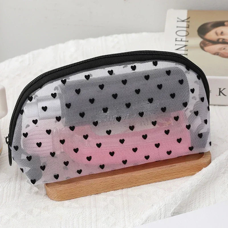 Heart-Shaped Nylon Mesh Cosmetic Bag Portable Toiletry Organizer for Women Makeup Storage