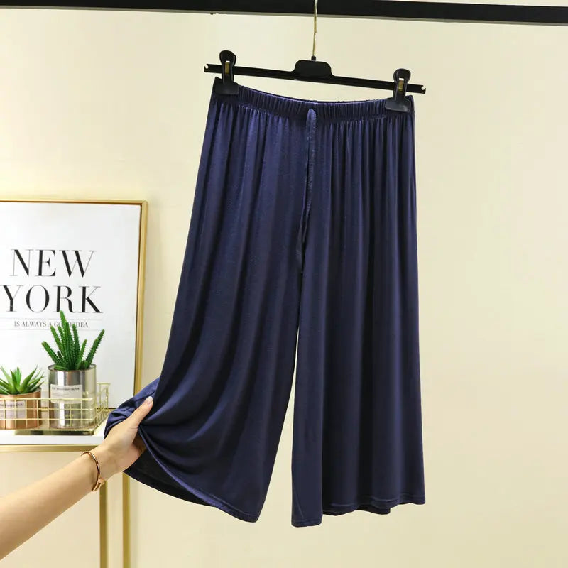 Plus size L to 6XL U-Neck Women's  Modal pant calf-length summer wide leg pants drawstring short pants casual homewear pants